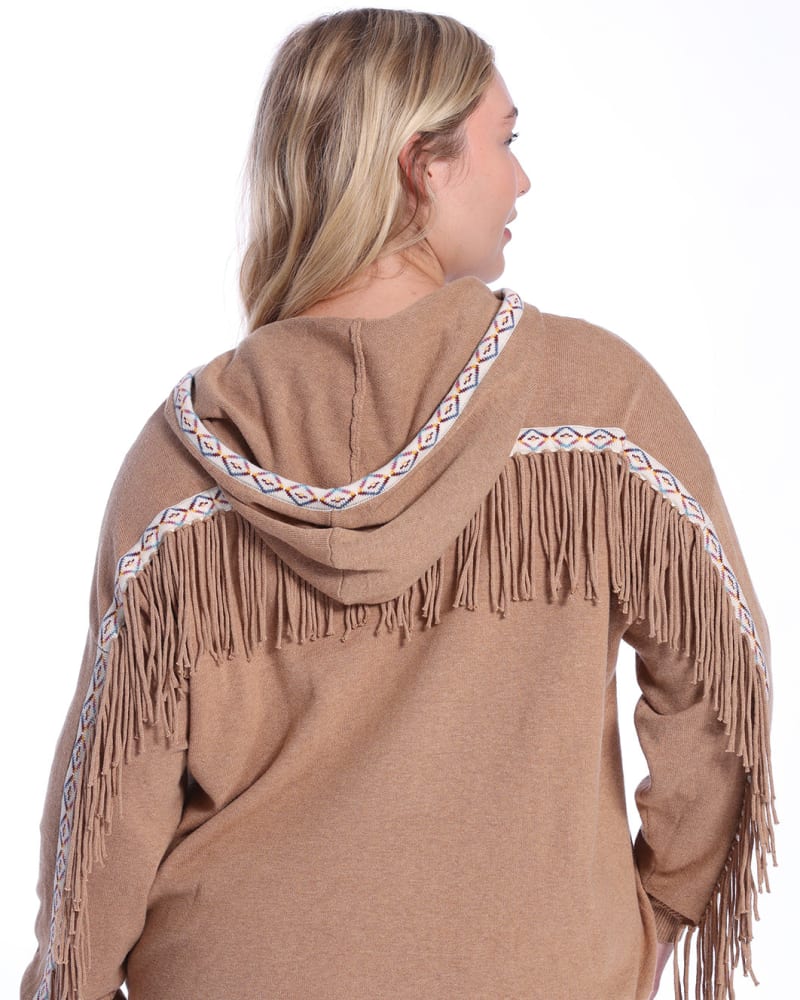 Cotton Cashmere Embroidered Fringe Hoodie Camel